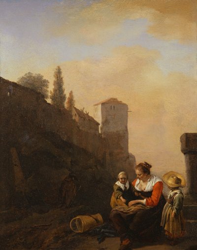 Un campesino y dos niños descansando frente a una torre en Italia (óleo sobre lienzo) de Philips Wouwermans or Wouvermans