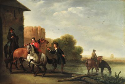 Jinetes abrevando a sus caballos de Philips Wouwermans or Wouvermans