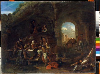 Scene de tavern (Escena de taberna). Pintura de Philips Wouwerman (1619-1668). Huile sur bois, 48 x 63 cm. Escuela holandesa del siglo XVII. Museo Estatal de Arte M. Ciurlionis, Kaunas (Lituania). de Philips Wouwermans or Wouvermans