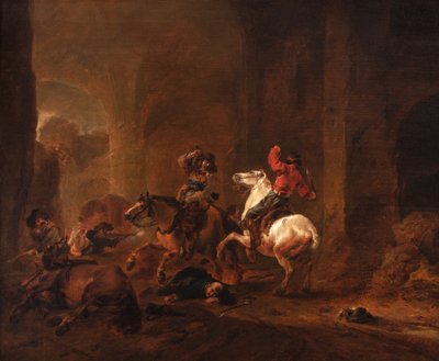 Bandidos emboscando a viajeros en un camino entre ruinas, c.1635-50 (óleo sobre tabla) de Philips Wouwermans or Wouwerman