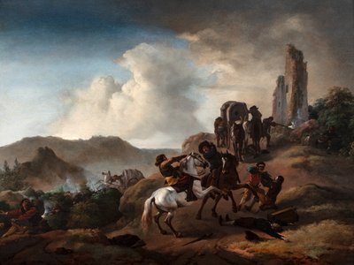 Bandidos emboscando a viajeros en un sendero de un paisaje italianizante, c.1640-50 (óleo sobre tabla) de Philips Wouwermans or Wouwerman