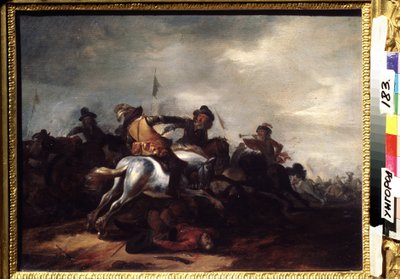 Une bataille (Una batalla). Pintura de Philips Wouwerman (1619-1668). Huile sur bois, 31 x 41 cm. art flamand, art baroque. Museo Regional de Arte, Uzhgorod (Ucrania). de Philips Wouwermans or Wouwerman