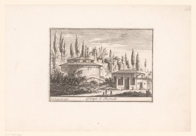 Vista del Templo de Rómulo
Tempio di Romolo (título en el objeto)
Vistas de la Roma antigua y moderna (título de la serie)
Varie Vedute di Roma Antica, e Moderna (título de la serie) de Philothée Francois Duflos