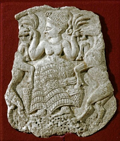 Arte fenicio: tapa de píxide tallada en marfil, representando a una diosa de la fertilidad micénica alimentando cabras de Phoenician