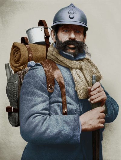 Retrato de un soldado francés con uniforme militar, Primera Guerra Mundial (foto en color) de Photographer French