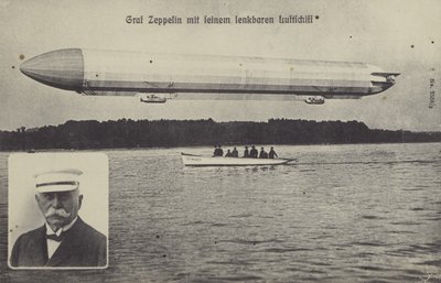 Graf Ferdinand von Zeppelin y uno de sus dirigibles de Photographer German