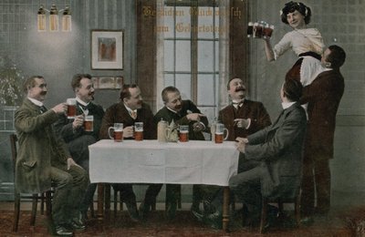 Postal de alemanes bebiendo cerveza y divirtiéndose con la camarera, enviada en 1913 (foto coloreada a mano) de Photographer German