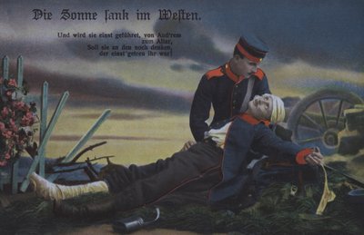 El sol se puso en el oeste: un soldado alemán consolando a su camarada moribundo en el campo de batalla de Photographer German