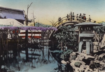 Japón, c.1912: Terreno del Templo Kameido conocido por la floración de glicinas en mayo y el Puente del Tambor en el terreno de Photographer Japanese