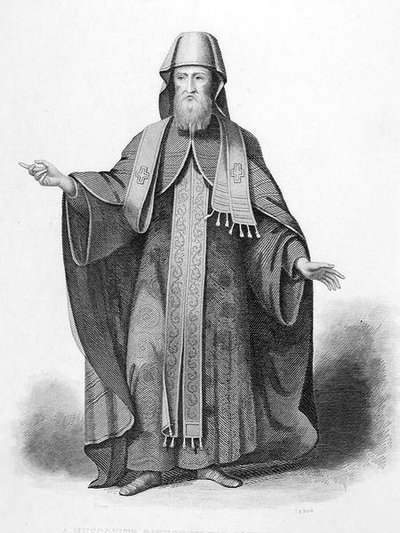 Un obispo moscovita en su hábito pontifical, grabado por J. B. Bird, de 