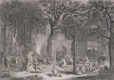 Fakires hindúes practicando sus ritos supersticiosos, grabado por Bell, de Religión Mundial, publicado por A. Fullarton & Co. de Picart