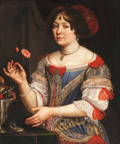 Retrato de una dama, tres cuartos de longitud, con un vestido bordado azul y rojo de Pier Francesco Cittadini