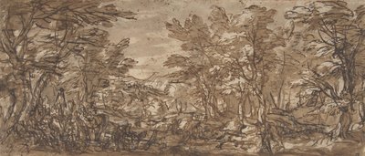 Escena forestal, una parada a la izquierda, una caza en el centro, 1612-66 de Pier Francesco Mola