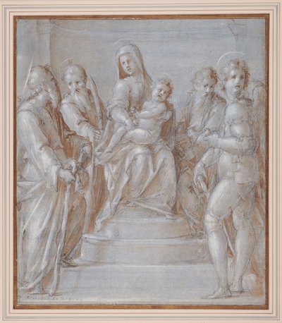 La Virgen y el Niño entronizados con santos, c.1525 (pluma y tinta marrón y aguada sobre tiza negra) de Pier Francesco & Puligo Domenico (1492 1527) Foschi
