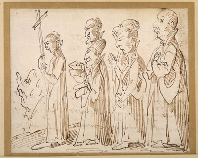 Una procesión jesuita, caricaturizada con un crucífero, y cinco más siguiendo; el perfil adicional de un hombre con gafas a la izquierda; y a la derecha una línea vertical de escritura de Pier Leone Ghezzi
