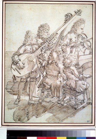 ""El concierto"" Caricatura que representa un concierto de cinco músicos (quinteto) en el laúd, violín, piano, violonchelo. Dibujo con pluma y tinta de Pier Leone Ghezzi (1674-1755) Museo Pushkin del siglo XVIII, Moscú de Pier Leone Ghezzi
