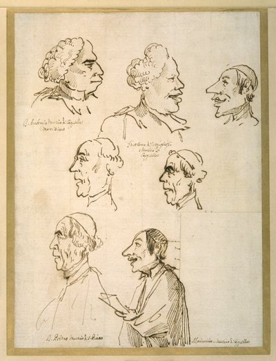 Siete perfiles caricaturizados de cuatro cantantes de las capillas papales de Pier Leone Ghezzi