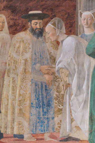 Adoración de la Cruz y encuentro entre Salomón y la reina de Saba, detalle de Piero della Francesca