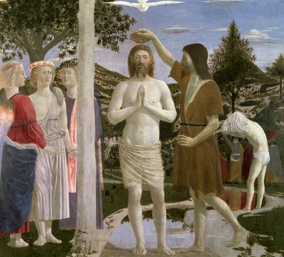 Bautismo de Cristo, (detalle) de Cristo, Juan el Bautista y ángeles, 1450 de Piero della Francesca