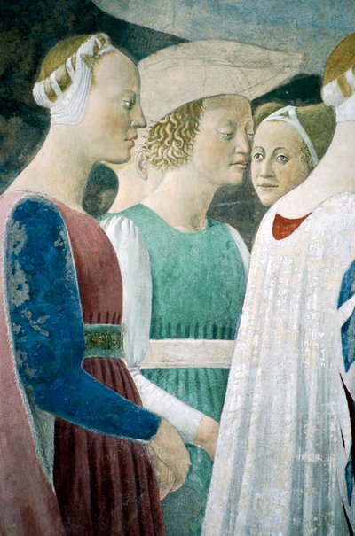 Detalle de La Leyenda de la Vera Cruz mostrando la adoración de la madera y el encuentro de la Reina de Saba y el Rey Salomón de Piero della Francesca