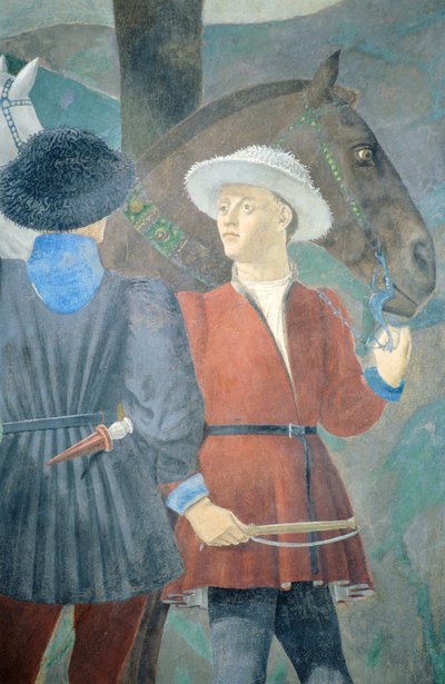 La Leyenda de la Vera Cruz mostrando la adoración de la madera y el encuentro de la Reina de Saba y el Rey Salomón (detalle) de Piero della Francesca