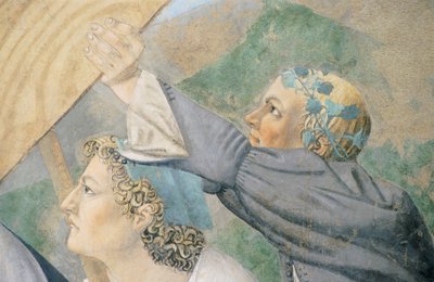 Detalle de La Leyenda de la Vera Cruz mostrando el transporte de la Madera Sagrada de Piero della Francesca