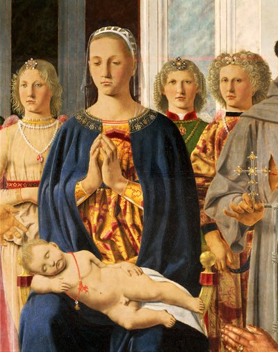 Virgen con el Niño rodeada de ángeles, detalle del retablo de Brera Virgen con el Niño y santos rezando con Federico da Montefeltro de Piero della Francesca (1412-1492), temple sobre madera, 251x172 cm de Piero della Francesca
