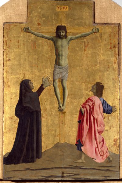 Políptico de la Misericordia: la Virgen de la Misericordia, rodeada de santos (detalle de la crucifixión con la inscripción "INRI" en la cruz) de Piero della Francesca