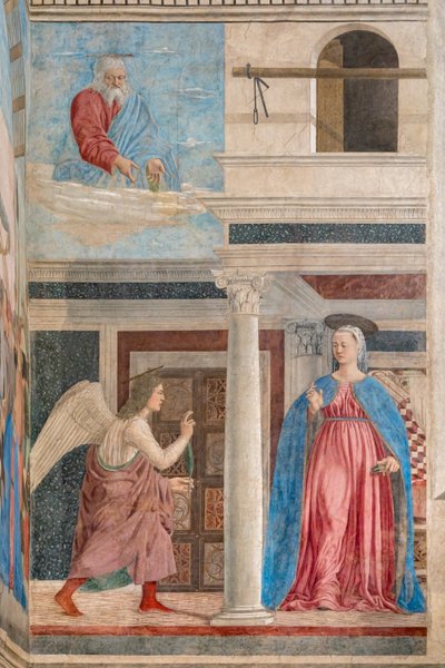 La Anunciación, detalle de Las Historias de la Vera Cruz (fresco) de Piero della Francesca