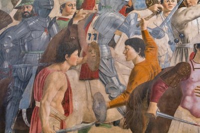 La batalla de Heraclio y Chosroes, detalle de Las historias de la Vera Cruz: batalla con hombres, espadas y armaduras (fresco) de Piero della Francesca
