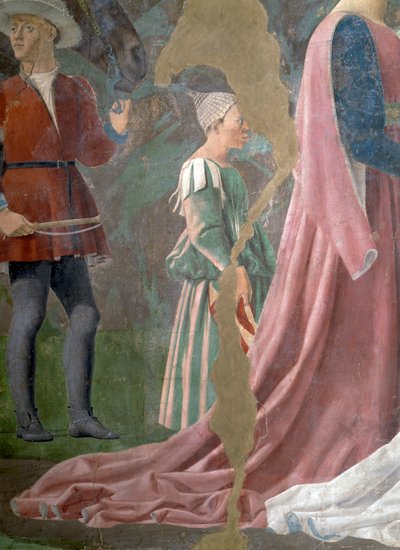 La Leyenda de la Vera Cruz, la Reina de Saba Adorando la Madera de la Cruz (detalle) de Piero della Francesca