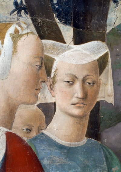 La Leyenda de la Vera Cruz, la Reina de Saba Adorando la Madera de la Cruz (detalle) de Piero della Francesca