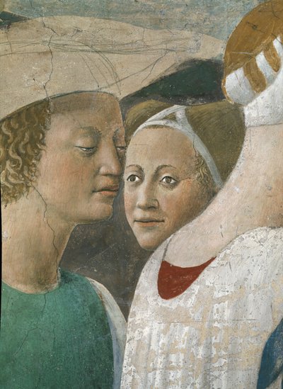 La Leyenda de la Vera Cruz, la Reina de Saba Adorando la Madera de la Cruz (detalle) de Piero della Francesca