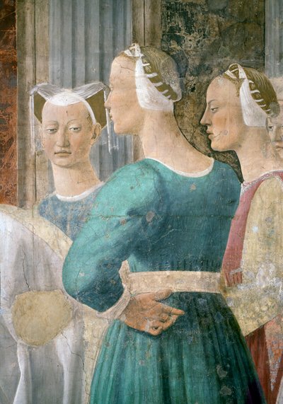 La Leyenda de la Vera Cruz, la Reina de Saba Adorando la Madera de la Cruz (detalle) de Piero della Francesca