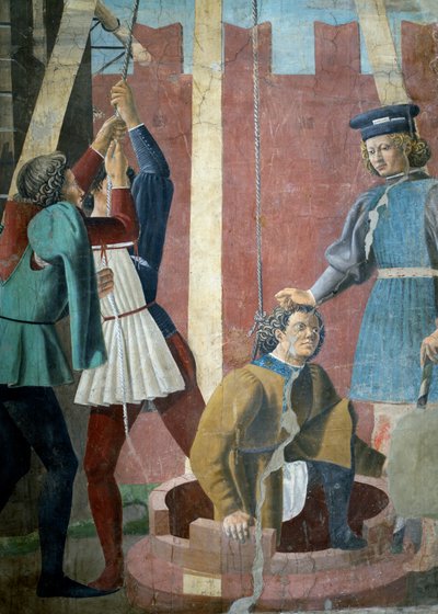 La Leyenda de la Verdadera Cruz, la Tortura del Judío, detalle de Judas siendo sacado del pozo (detalle) de Piero della Francesca