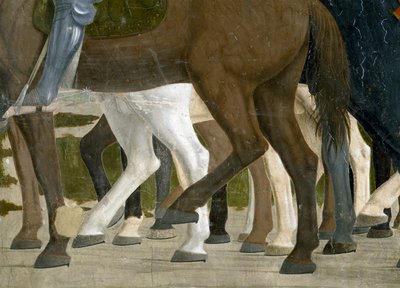 La Leyenda de la Verdadera Cruz, la Victoria de Constantino en la Batalla del Puente Milvio, detalle de los pies del caballo (detalle) de Piero della Francesca