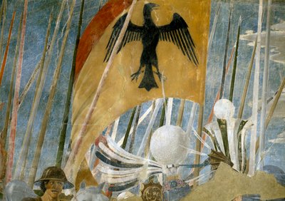 La Leyenda de la Verdadera Cruz, la Victoria de Constantino en la Batalla del Puente Milvio, detalle del estandarte (detalle) de Piero della Francesca