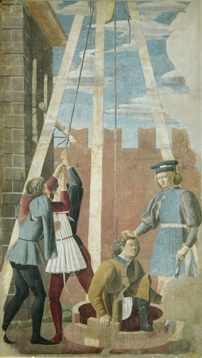 El suplicio del judío: Judas sacado del pozo, del ciclo de la Vera Cruz, completado en 1464 (fresco) de Piero della Francesca