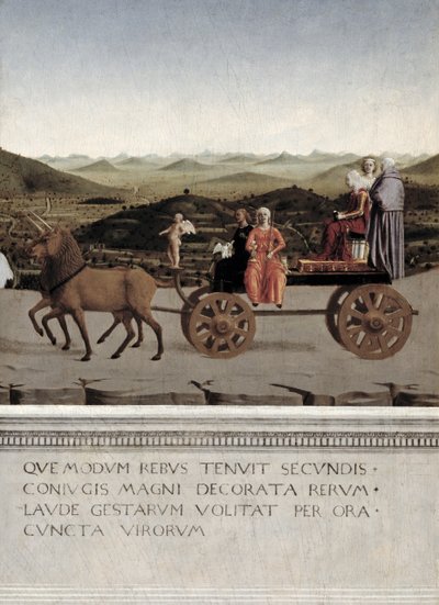 Triunfo de Battista Sforza, duquesa de Urbino. Battista y su doncella, dos Virtudes Teológicas y una monja son llevadas en un carro triunfal por dos unicornios marrones, después de 1472 (detalle) de Piero della Francesca