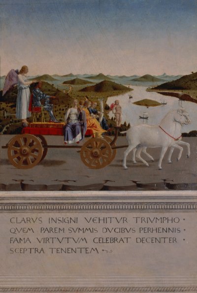 Triunfo de Federigo da Montefeltro, duque de Urbino; Federigo y las cuatro Virtudes Cardinales en un carro triunfal tirado por unicornios blancos, Victoria alada sosteniendo la corona ducal, pintado después de 1474 de Piero della Francesca