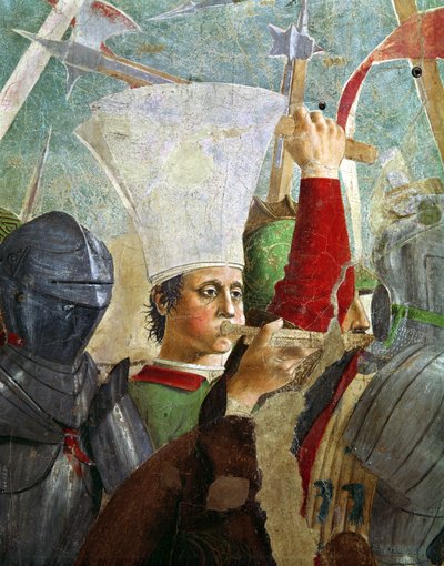 Trompetista, (detalle) de la Batalla de Heraclio y Cosroes, del ciclo de la Leyenda de la Verdadera Cruz, completado en 1464 de Piero della Francesca