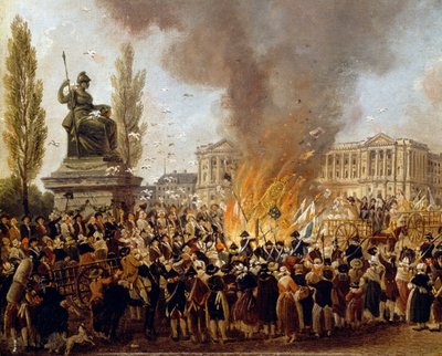 La celebración de la unidad, destruyendo los emblemas de la monarquía, Place de la Concorde de Pierre Antoine Demachy