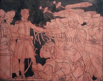 Napoleón I recibiendo la rendición de los líderes egipcios durante la campaña egipcia, diseño preparatorio para un jarrón de Pierre Nolasque Bergeret