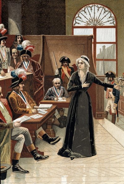 Revolución Francesa: la reina de Francia María Antonieta frente al juez durante su juicio el 14 de octubre de 1793 (dibujo) de Pierre (after) Bouillon