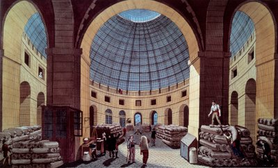 Vista de la Halle au blé, ubicada en el actual Hotel de Soissons (Bolsa de Comercio) en París. Grabado de Guiguet después de Pierre Courvoisier (1756-1804) siglo XVIII. París, B.N. de Pierre (after) Courvoisier