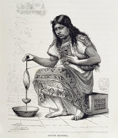 Hilado de algodón, de "Las antiguas ciudades del Nuevo Mundo", de Claude-Joseph-Desire Charnay, pub. 1887 (grabado) de Pierre (after) Fritel