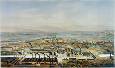 Vista de los talleres de Creusot y Chateau de la Verrerie, litografía después de acuarela de Pierre Tremaux de Pierre (after) Tremaux