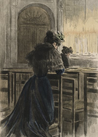 Devociones en la iglesia, ilustración de "La Femme a Paris" de Octave Uzanne (1851-1931) 1894 (grabado en color) de Pierre (after) Vidal