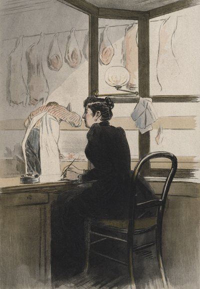 La cajera de la carnicería, ilustración de "La Femme a Paris" de Octave Uzanne (1851-1931) 1894 (grabado en color) de Pierre (after) Vidal