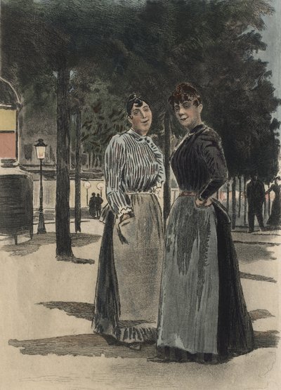 Dos mujeres corrientes en el bulevar, ilustración de "La Femme a Paris" de Octave Uzanne (1851-1931) 1894 (grabado en color) de Pierre (after) Vidal